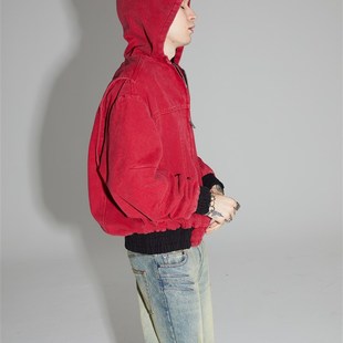 水洗红做旧拉链连帽工装 短款 .pac 夹克 PacShop
