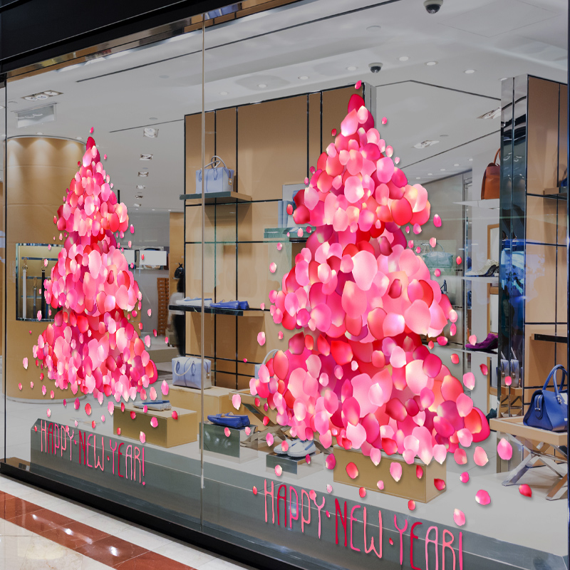 耶诞节创意玫瑰花瓣耶诞树装饰静电玻璃贴无胶双面彩色珠宝店装扮