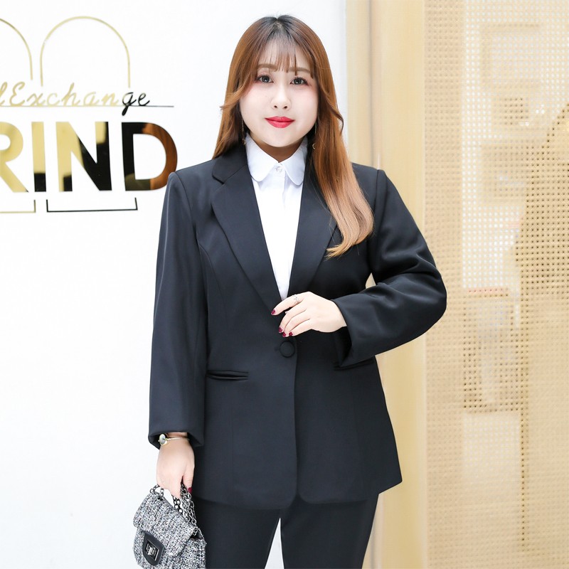 胖MM200斤中长款西装外套女加肥加大码正装工作服职业装西服套装
