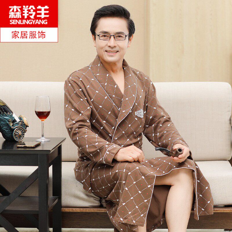男士睡袍男纯棉长袖春秋季父亲爸爸薄款格子中长款浴袍浴衣家居服
