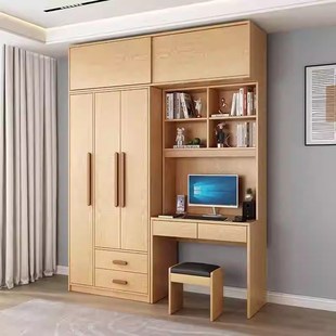 中式纯实木橡木衣柜书桌连体组合家用卧室小户型书柜电脑桌一体柜