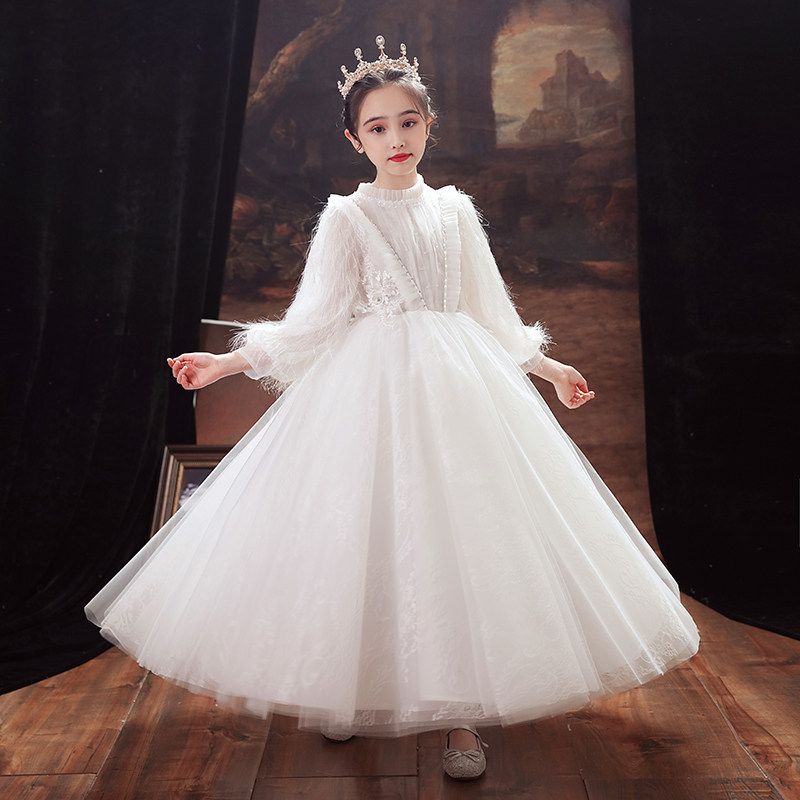 儿童礼服公主裙女童白色加绒花童主持人钢琴演出服演奏长袖秋冬季