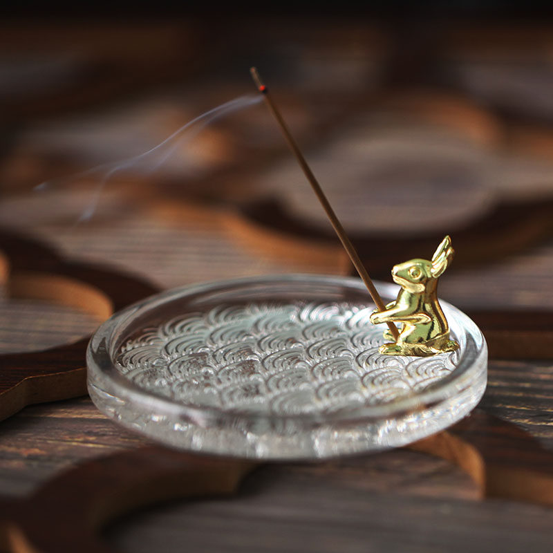 纯铜小兔子香插玻璃托盘套装线香底座日式香托香座摆件简约,家居饰品,香薰炉,淘宝优惠券,粉丝福利购,淘宝优惠卷