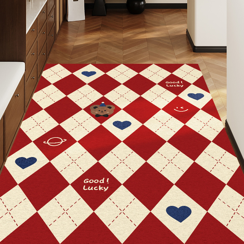 丝圈地垫入户门进门脚垫红色玄关门垫喜庆耐脏可裁剪格子地毯家用