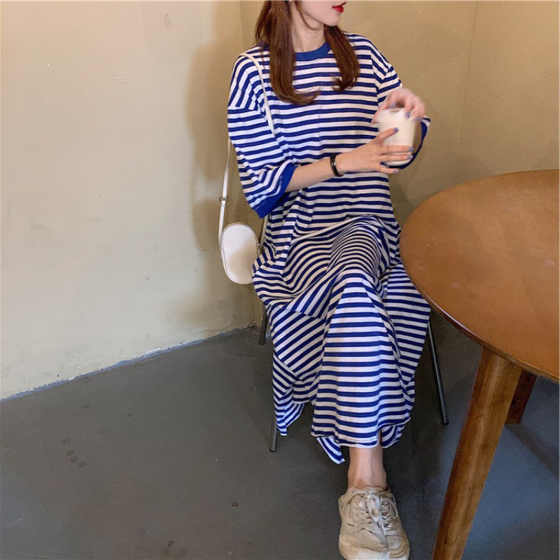 条纹睡裙女长款宽松显瘦懒人纯棉睡衣夏季过膝开叉长裙外穿家居服,女士内衣/男士内衣/家居服,睡裙,淘宝优惠券,粉丝福利购,淘宝优惠卷