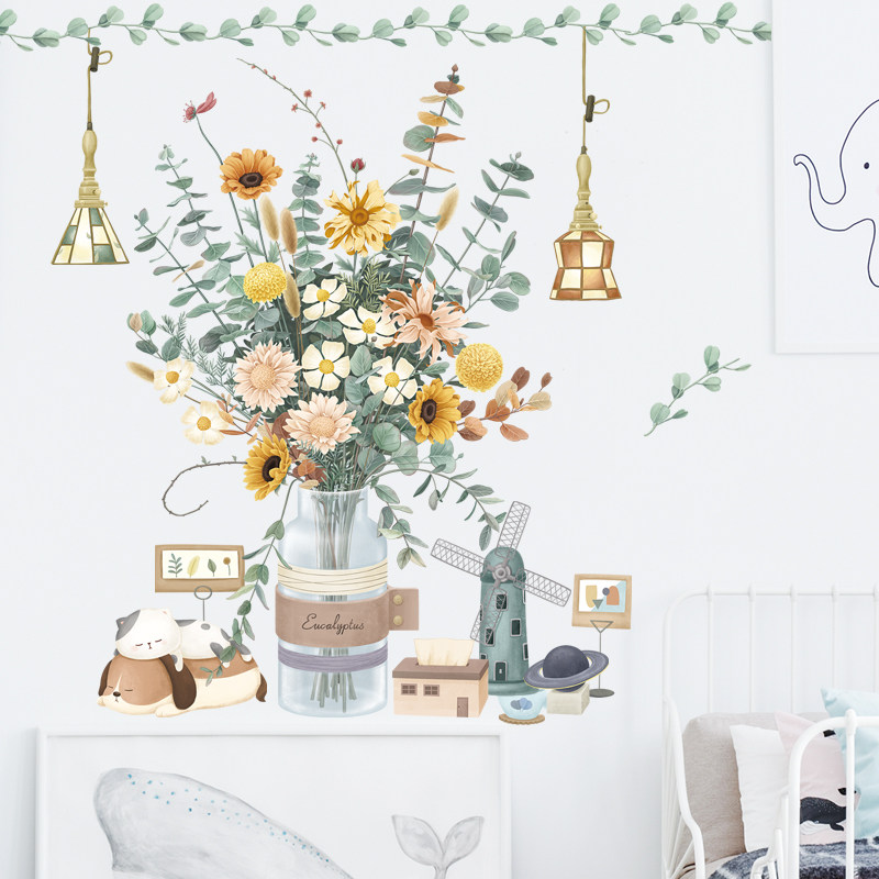 卡通盆栽花瓶植物叶子小清新寝室床头房门踢脚线布置防水自粘墙贴