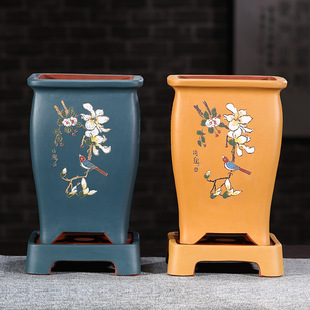 精品紫砂花盆兰花盆四方高档花盆带托盘君子兰盆艺术创意墨兰建兰