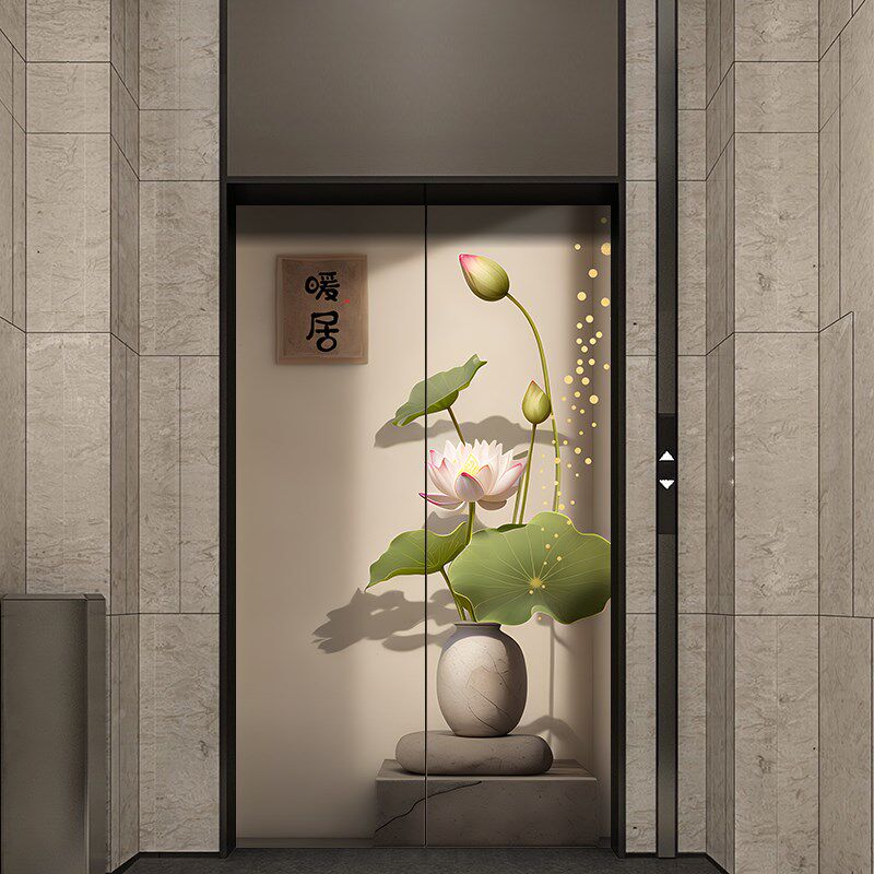 定制商场居家入户电梯门小清新明清古典荷花贴纸饰品整张自粘装饰