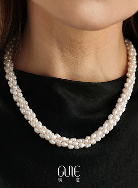瑰意编织桶形淡水珍珠项链新款高级感小众百搭优雅个性时尚锁骨链