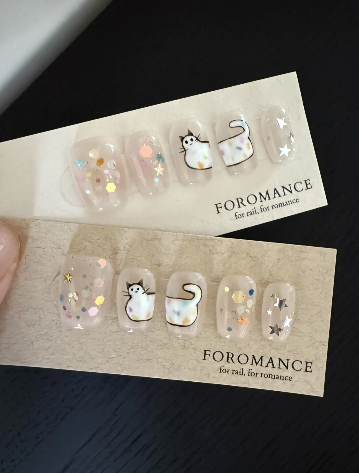 Foromance.【小幸运】手绘猫咪 韩国进口亮片 短方甲型 穿戴甲