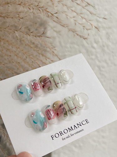 Foromance.【花间令】复古红绿粉花卉、雾感晕染 椭圆甲型