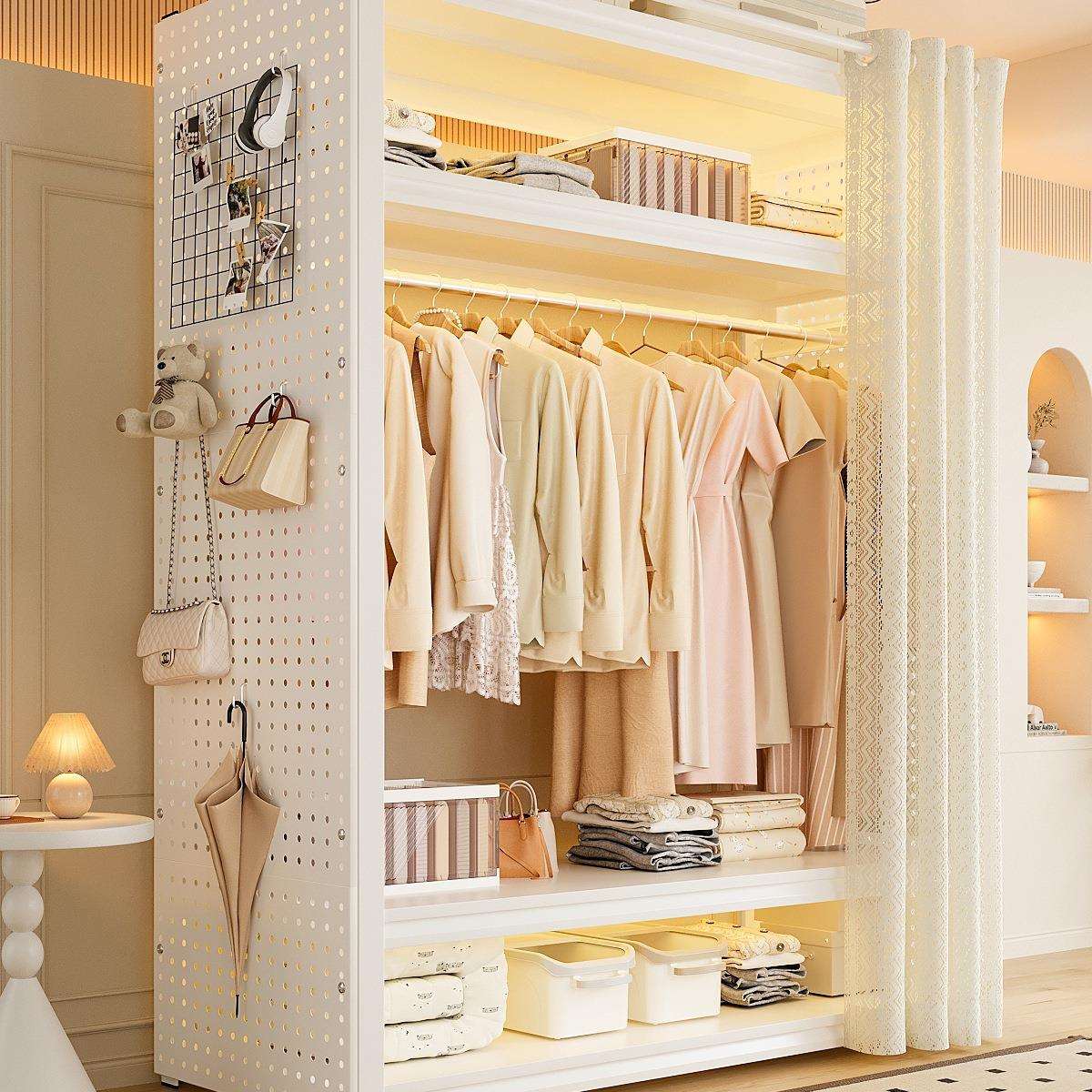 挂衣架落地卧室洞洞板衣柜晚上放衣防尘金属货架挂衣服的架子绢花