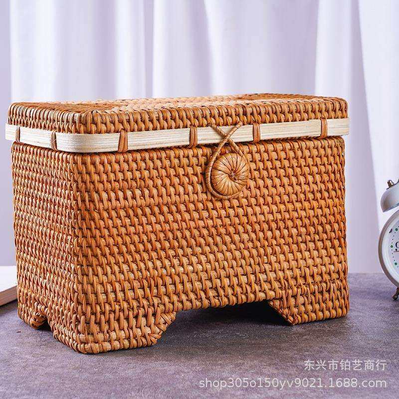 越南藤编收纳筐日式编织箱带盖车载后备箱储物框衣服整理箱大