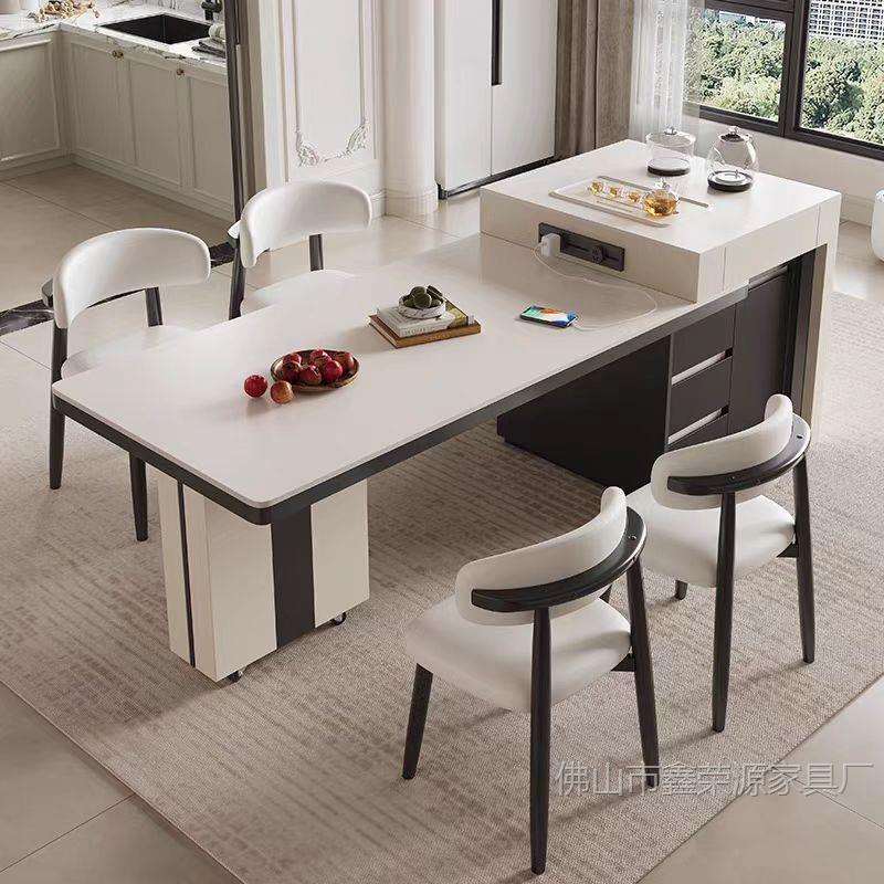 简约新款岩板岛台餐桌实木伸缩茶台家用小户型现代多功能吃饭桌子