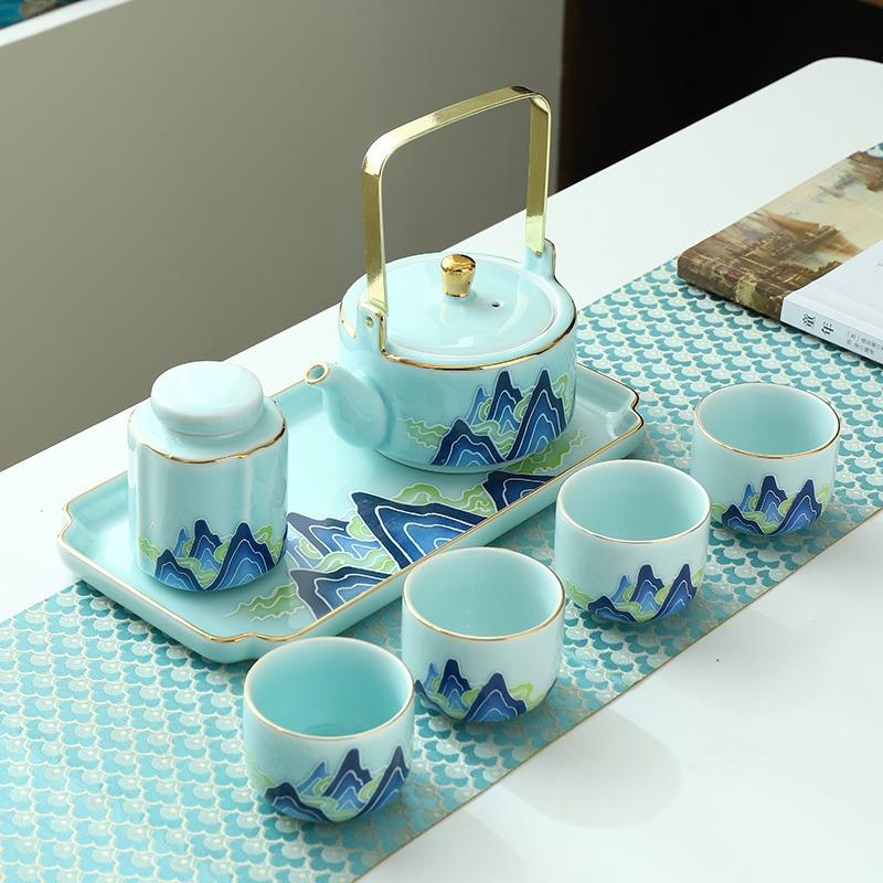 陶瓷提梁壶茶具套装家用轻奢现代居家待客茶盘茶杯套装大容量