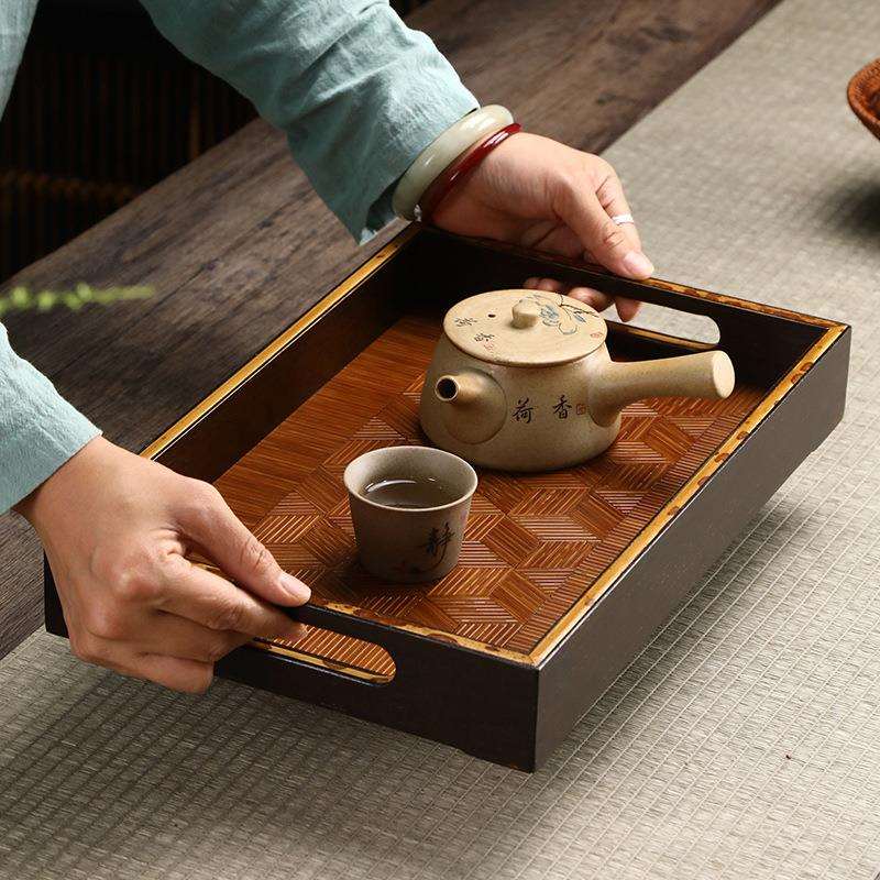 竹制拉手托盘长方形家用竹托盘竹茶盘干泡台手工竹制摆件茶道配件