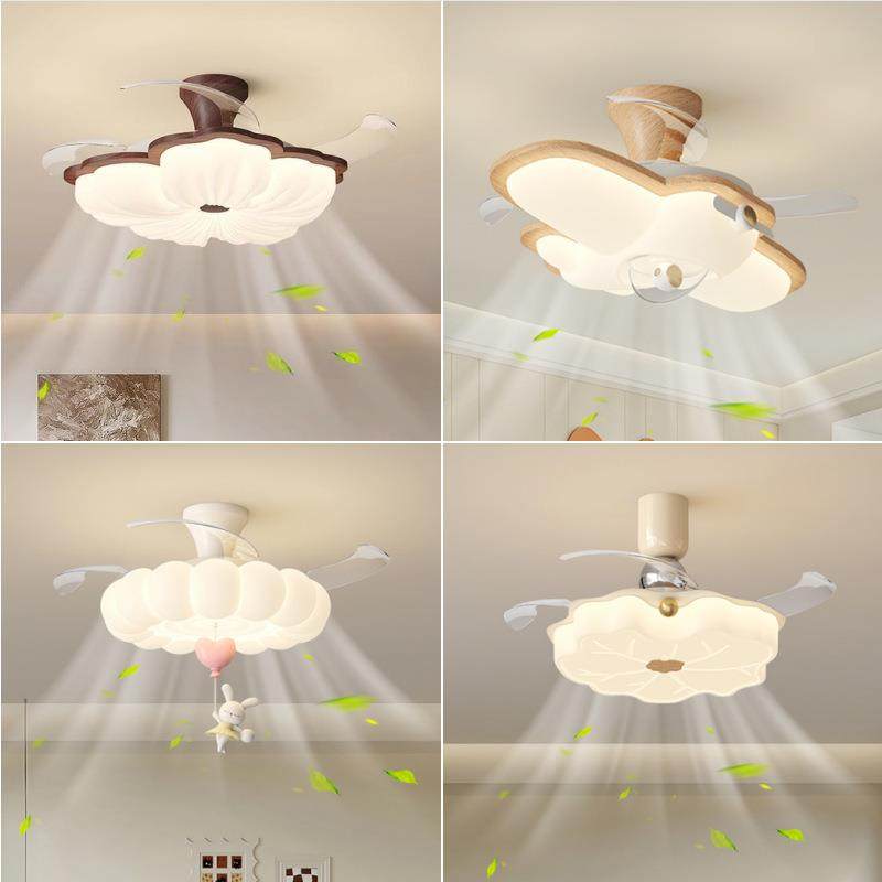 风扇灯原木风卧室灯个性创意花朵飞机灯全光谱护眼儿童房吊扇灯具
