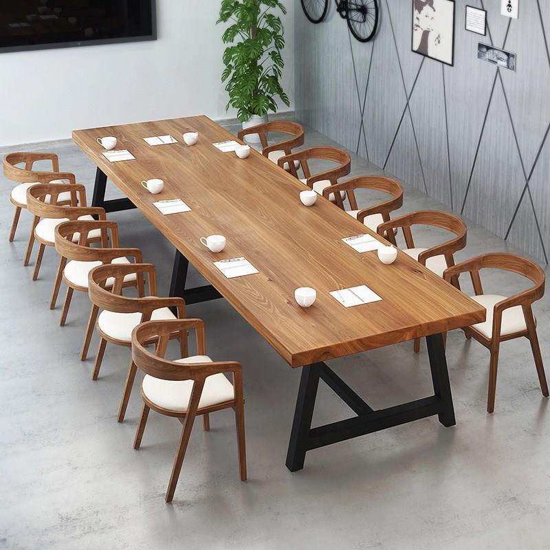 北欧实木办公桌现代简约大型会议桌长桌铁艺长方形洽谈桌椅组合