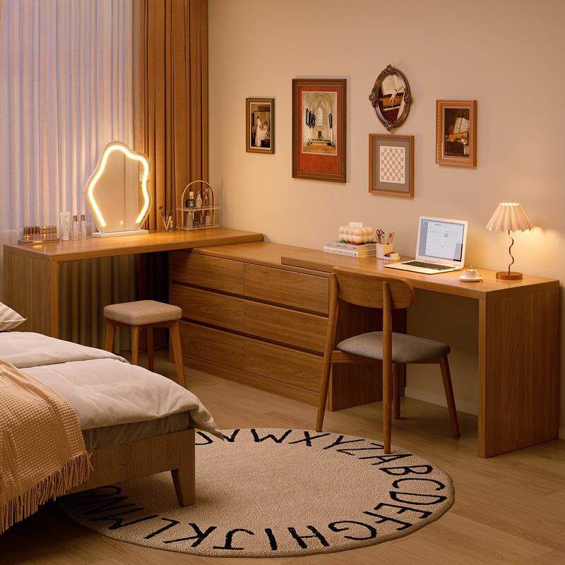 实木梳妆台电脑桌书桌生态板卧室落地斗柜妆台一体转角移动化妆桌