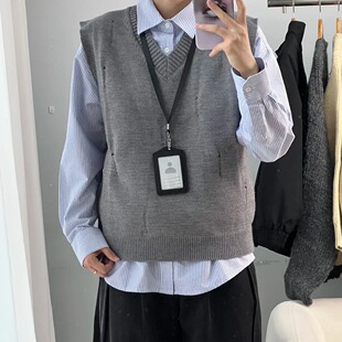 美式复古针织马甲男2025新款春秋坎肩无袖V领毛衣打底毛线衫