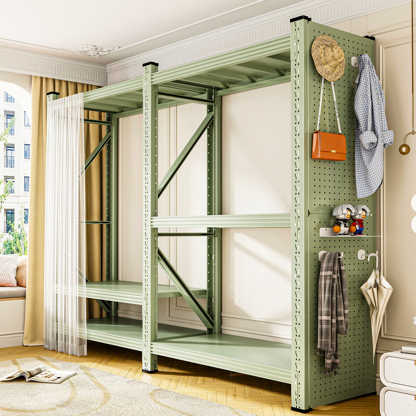 开 放式货架衣柜简易组装家用卧室出租房用洞洞板挂衣架防尘衣帽