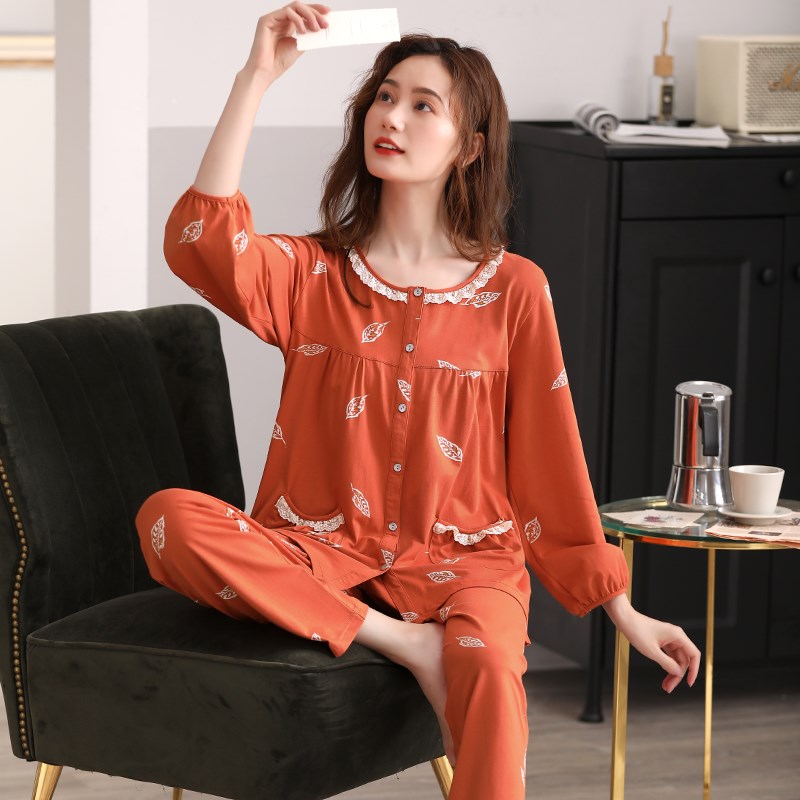 金黛儿睡衣女纯棉长袖春秋莱卡棉家居服2025中年妈妈开衫大码套装