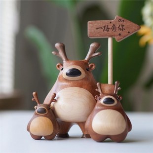 一路有你小鹿摆件创意装 饰品家居客厅桌面实木木质可爱鹿鹿礼物