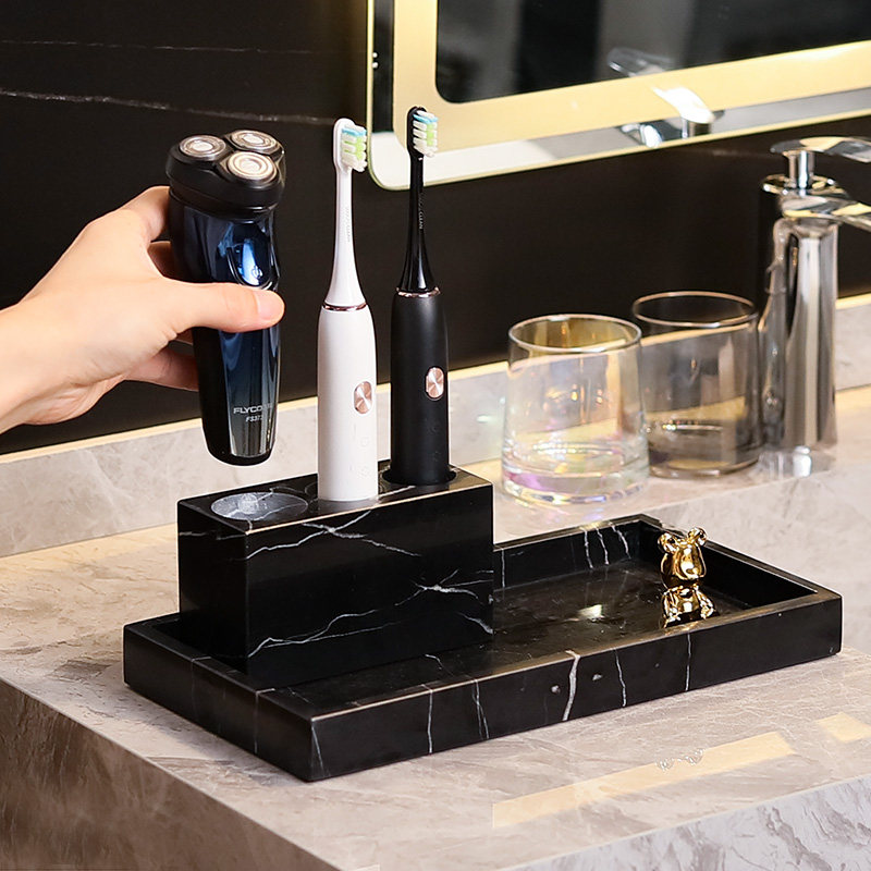 黑白根大理石牙刷架牙杯套装高级感杯电动牙刷置物架收纳大理石盘