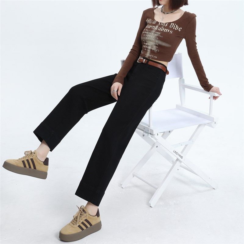 直筒牛仔裤女2024新款黑色宽松显瘦垂坠感窄版高腰翻边复古九分裤