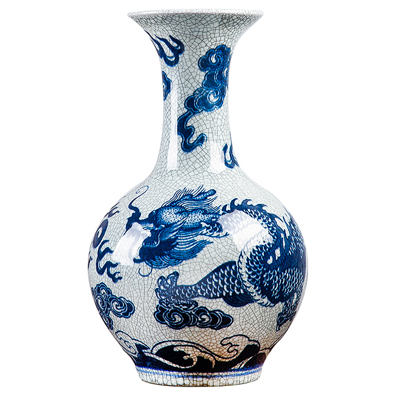 景德镇陶瓷器花瓶仿官窑裂纹釉龙纹花瓶插花中式家居客厅装饰摆件