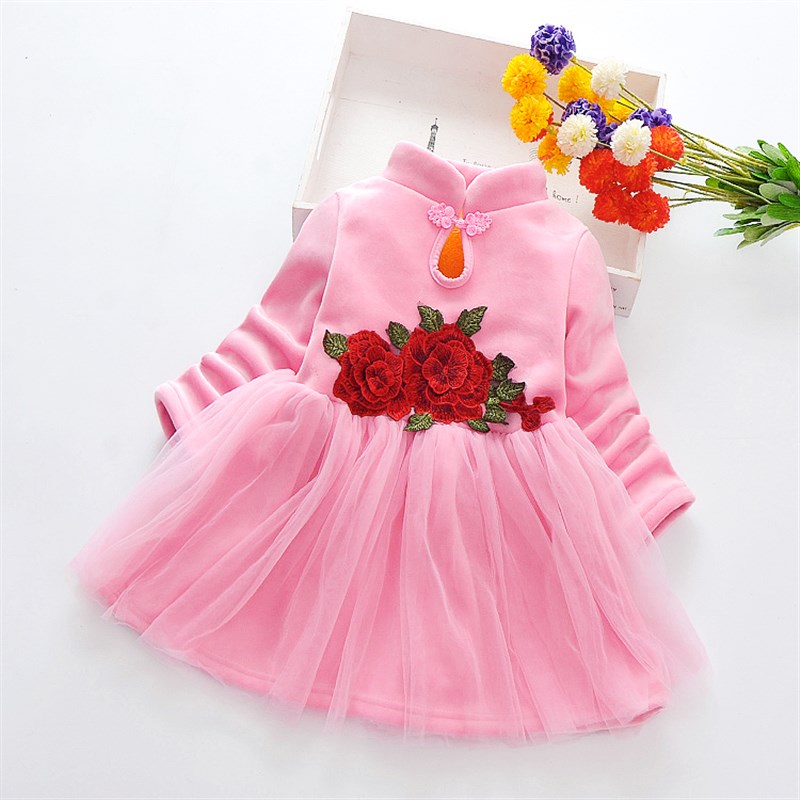 女童长袖加绒加厚保暖连衣裙小女孩红色洋气公主裙子秋冬打底裙潮