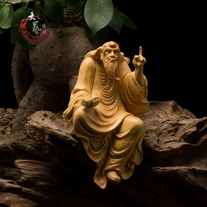 小叶黄杨木雕茶宠摆件居家饰品禅意雕刻工艺收藏艺术老子一指问天