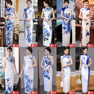 改良连衣裙2021新款 青花瓷旗袍长款 走秀中国风礼仪演出服胖mm大码