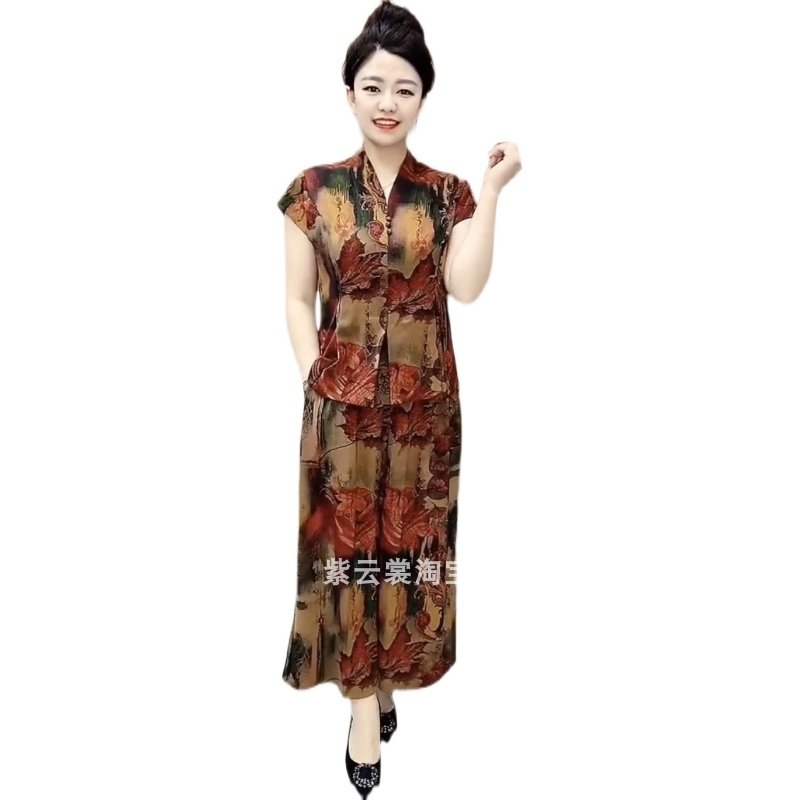 中老年妈妈装夏季新款真丝套装时尚气质宽松大码两件套上衣阔腿裤,女装/女士精品,时尚套装,淘宝优惠券,粉丝福利购,淘宝优惠卷