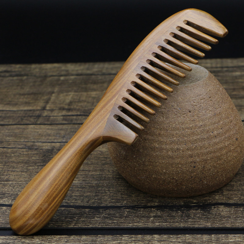 天然绿檀木梳子 宽齿粗齿卷发梳按摩梳 防静电梳檀香木梳 大齿梳
