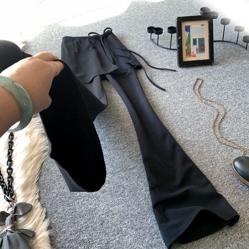 假两件黑色高腰休闲裤女春夏瑜伽遮臀裙弹力显瘦垂感西装喇叭长裤