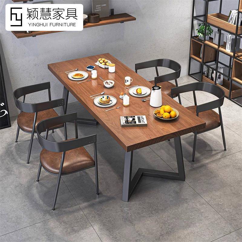 工业风铁艺实木快餐烧烤店餐桌椅组合长方形饭店餐厅面馆桌子商用