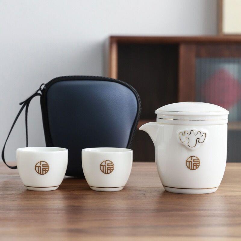 快客杯一壶二杯白瓷单人包手抓泡茶壶茶杯便携式旅行茶具小套装备