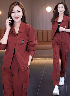 美式复古短款机车外套上衣套装女秋季穿搭高腰工装休闲长裤两件套