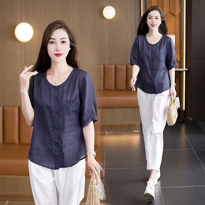 2025夏季新款棉麻小衫九分裤宽松大码妈妈套装中老年上衣两件套女