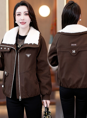 加绒加厚派克服短外套女2025年秋冬季新款羊羔毛领显瘦夹克袄子女