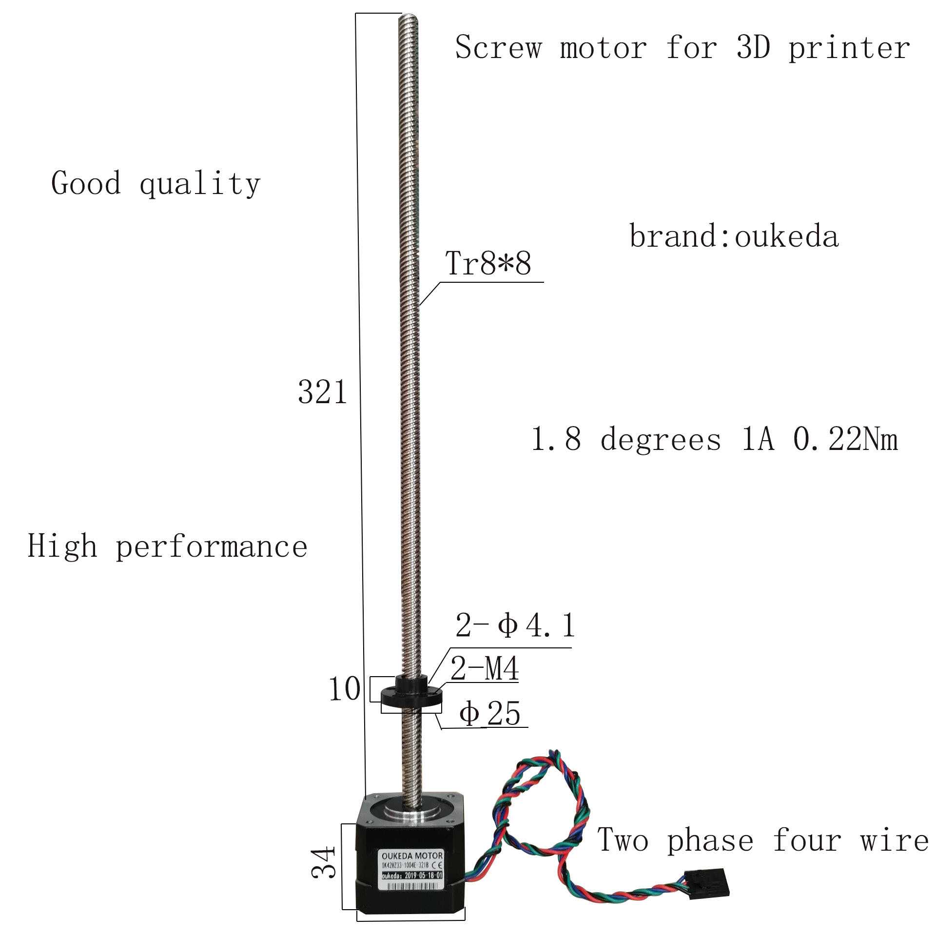42丝杆电机 丝杆长321 NEMA17 1.8° Stepper Motoe 机身34