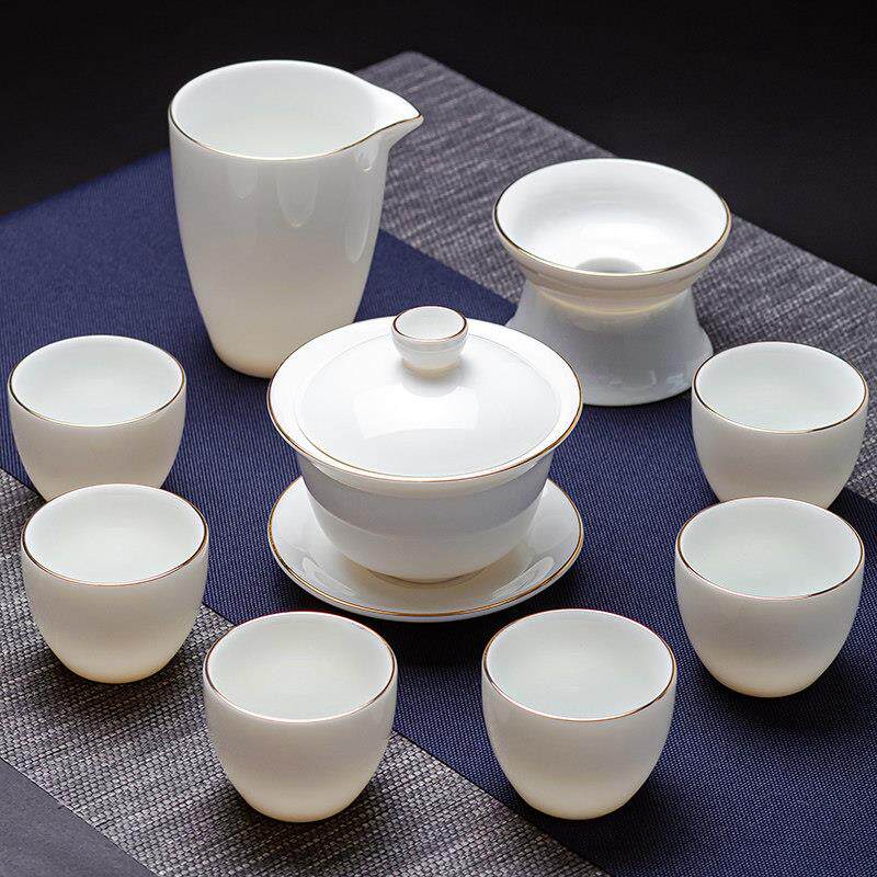 羊脂玉白瓷功夫茶具套组家用办公泡茶壶盖碗茶杯陶瓷高档轻奢送礼