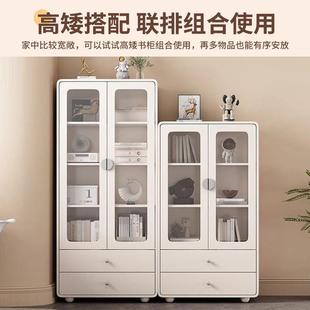 Kka木书柜物柜实玻璃奶门家用置物柜落地组OOW合油防尘客厅收储纳