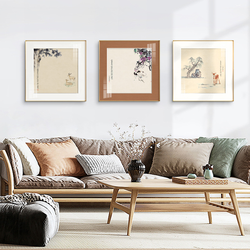 鹿鸣 新中式客厅装饰画正方形三联动物水果风景挂画餐厅过道壁画图片