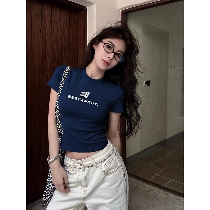 2025夏季美式短袖t恤女款印花辣妹风新款修身短款收腰小众上衣ins