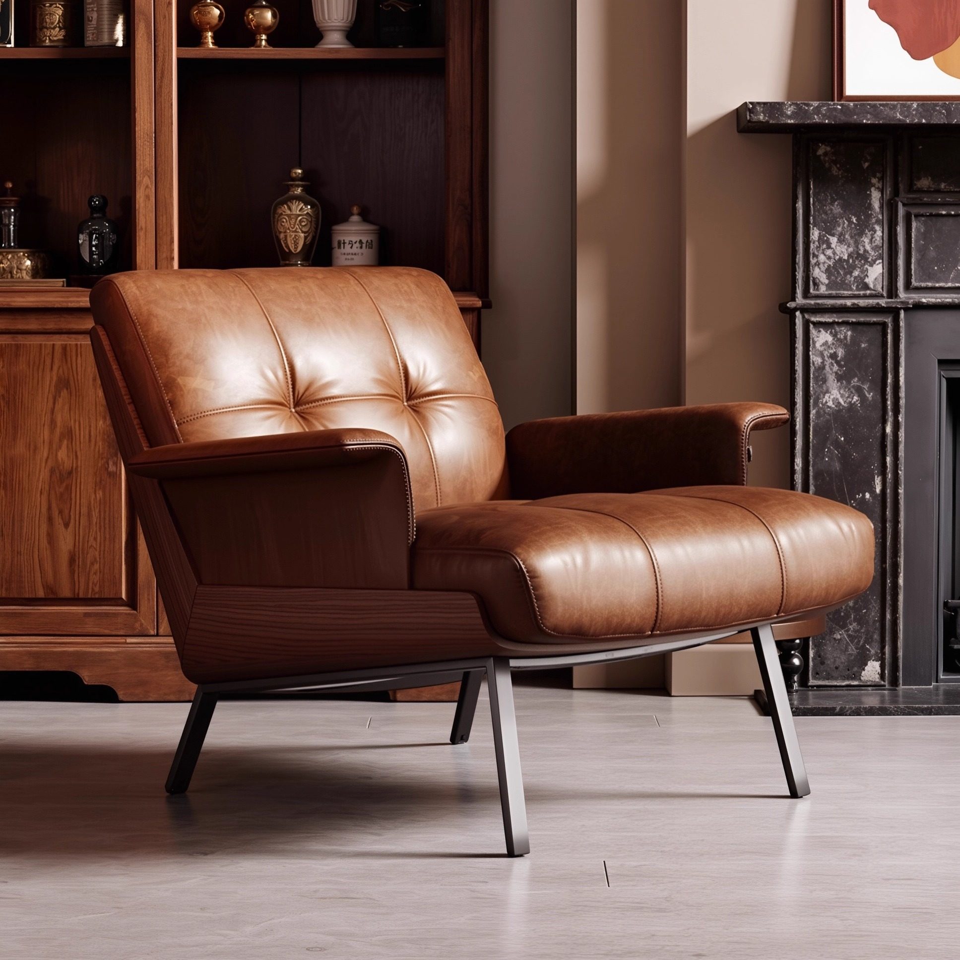 单人沙发中古风侘寂别墅客厅轻奢高级感真皮扶手靠背休闲椅