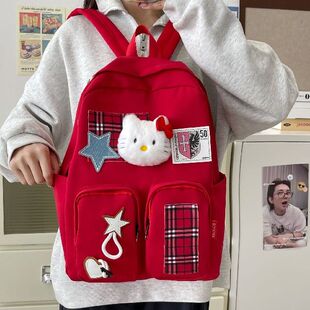 初高中大容量书包水洗帆布酒红色可爱凯蒂猫校园学生背包美式复古