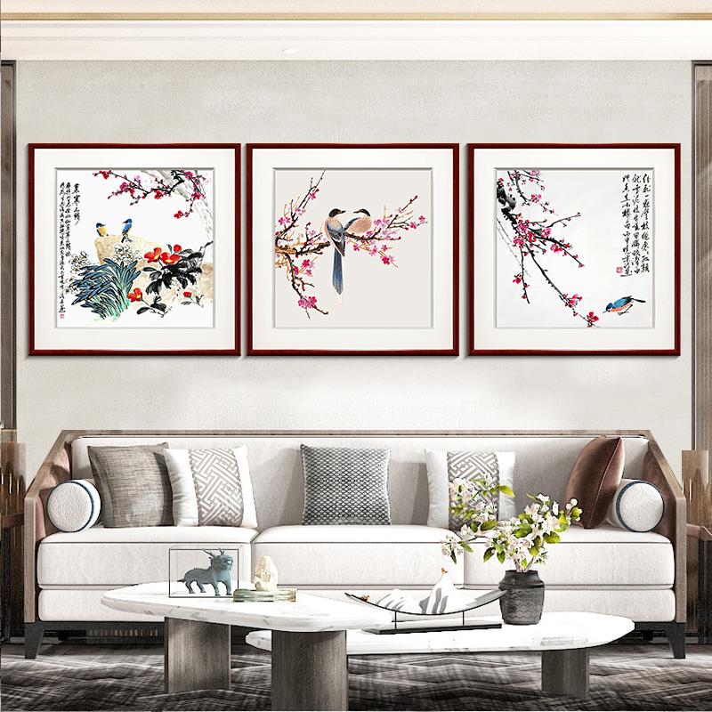 新中式水墨花鸟图客厅背景墙装饰画国画餐厅饭厅挂画玄关卧室壁画