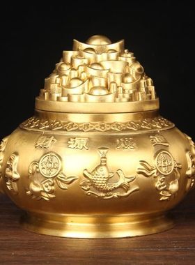纯铜聚宝盆摆件带盖铜五路财神聚宝盆摆件